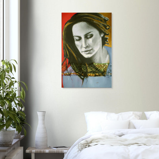 Contemporary bedroom with white bed, green plant, and colorful abstract portrait painting on wall