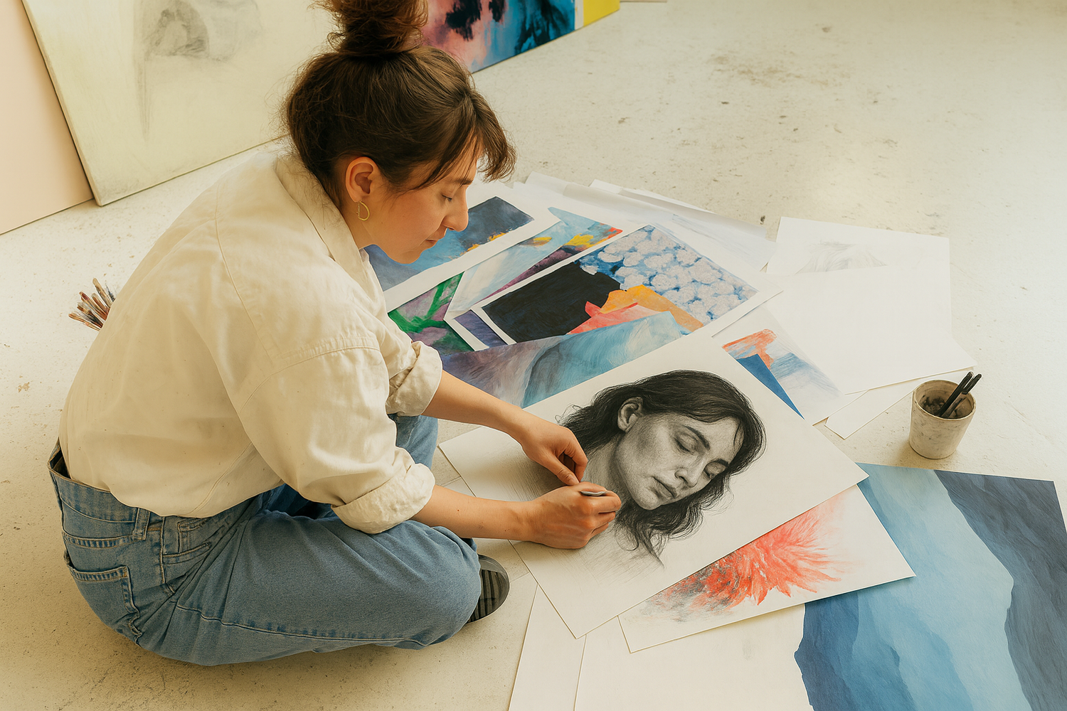 Artist sitting on the floor surrounded by colorful paintings, working on a detailed pencil portrait of a woman.